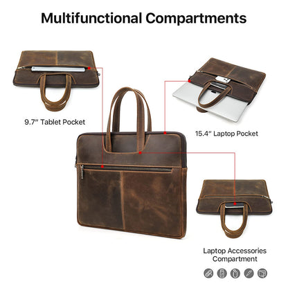 CataPurus Top Grain Leather 15.4" Slim Laptop Briefcase Handbag, Vintage Design with 5 Pockets, Handmade, Compatible with MacBook Pro/Air 13.3"/14.2"/15.4"/16" & other Laptop/Tablet, Coffee 15.4 Inch