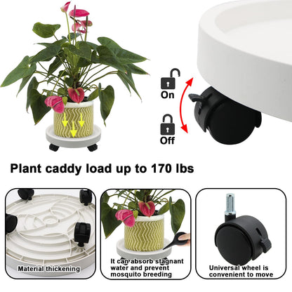 RUENXG 2-Pack 13" Heavy Duty Plant Caddy with Lockable Wheels, Industrial-Grade Rolling Plant Stand for Indoor/Outdoor Potted Plants, Flower Pots & Garden Decor - White