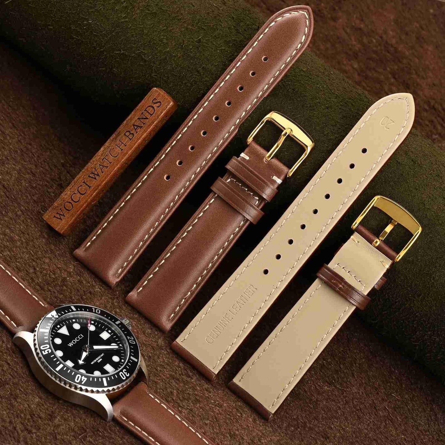 WOCCI 16mm Vintage Leather Watch Band for Men and Women, Gold Buckle (Cinnamon Brown)
