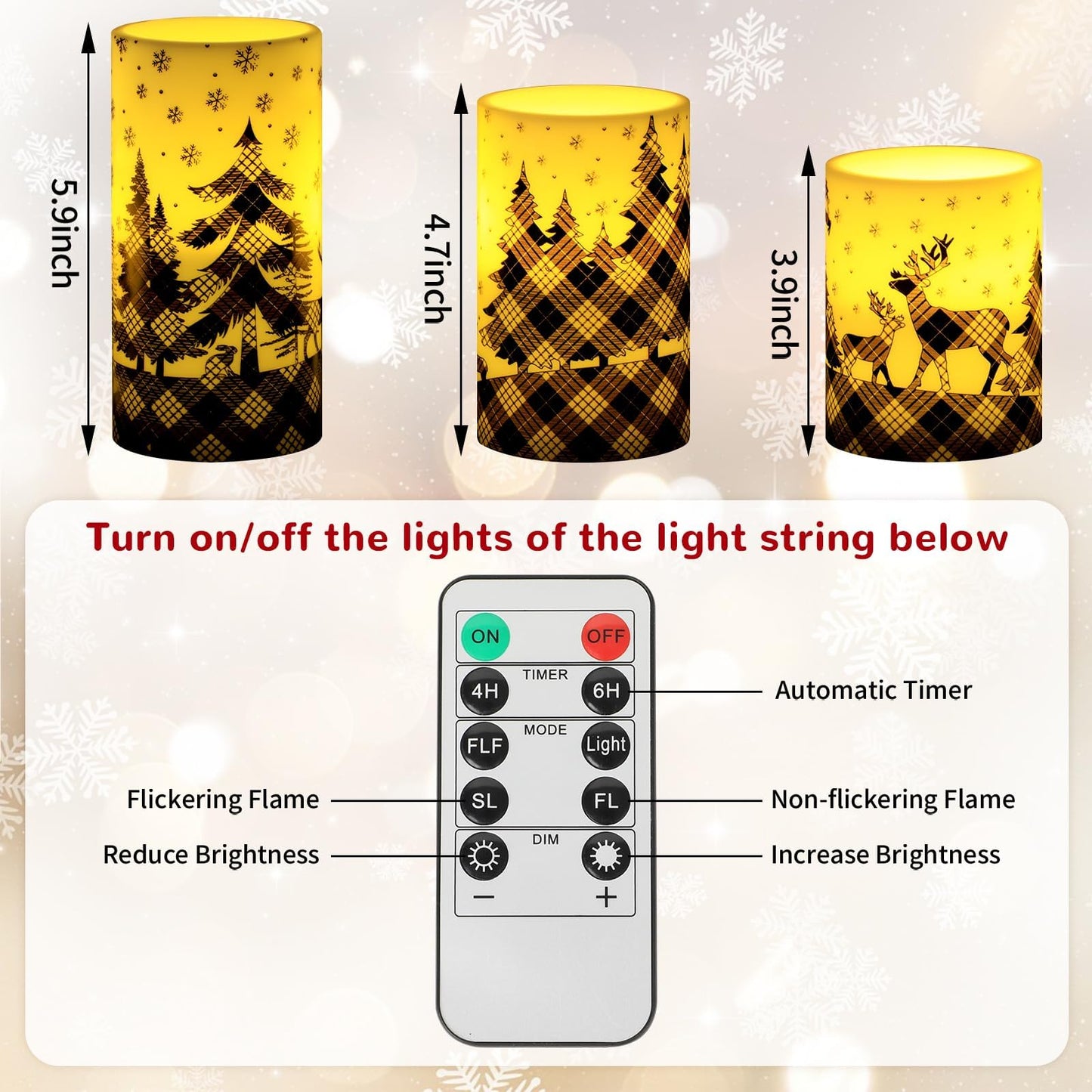 Lonfliness Black Buffalo Plaid Flameless Pillar Candles 3Pcs Christmas Flickering LED Pillar Battery Operated Candle with Remote Control Reindeer Candle Table Centerpiece for Winter Holiday Home Decor
