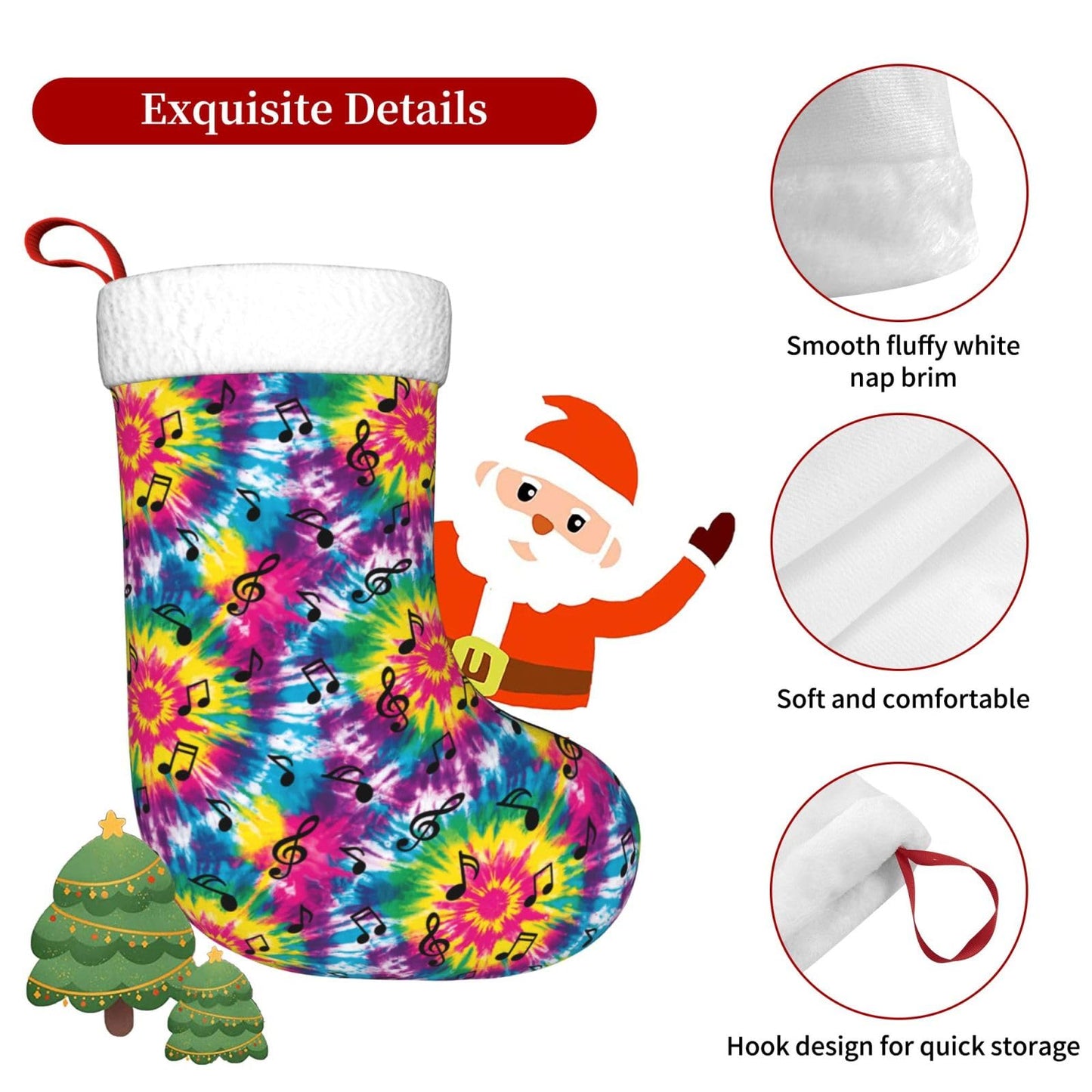 Athjunss Tie Dye Music Notes Christmas Stocking Large Xmas Holiday Party Decoration Fireplace Hanging Stocking