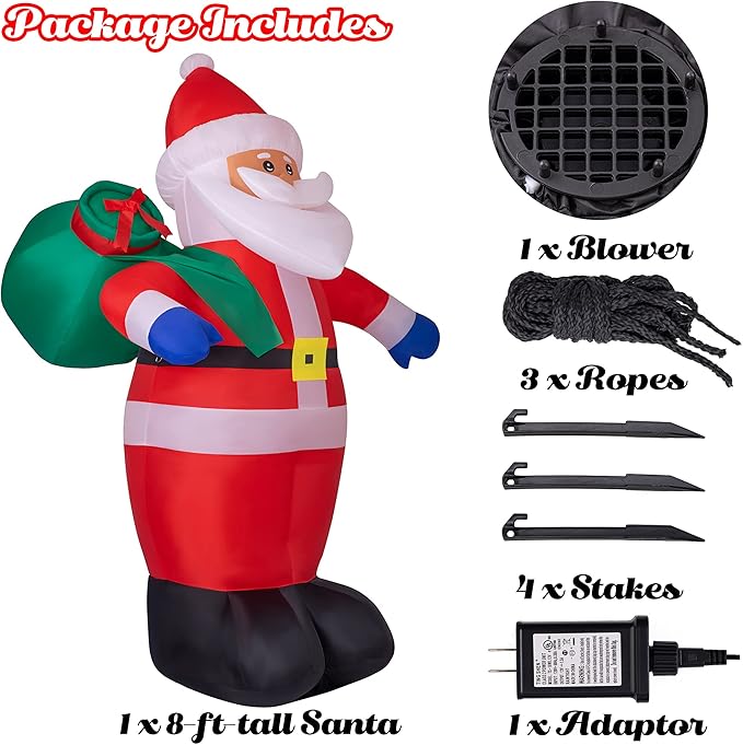 Sunnyglade 8 FT Christmas Inflatable Santa Outdoor Decorations Santa Claus with Green Gift Bag Blow Up Yard Xmas Decor Built-in LED Lights for Christmas Holiday Garden/Yard Decorations