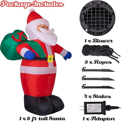 Sunnyglade 8 FT Christmas Inflatable Santa Outdoor Decorations Santa Claus with Green Gift Bag Blow Up Yard Xmas Decor Built-in LED Lights for Christmas Holiday Garden/Yard Decorations