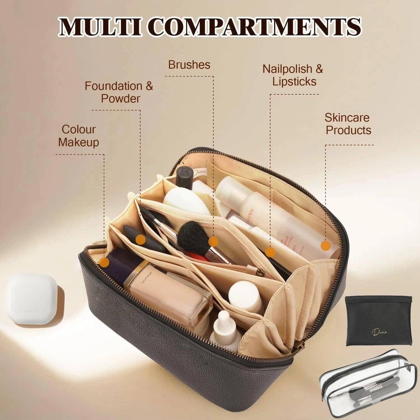 Divvia Travel Makeup Bag Organizer Cosmetic Bag Make up Bags for Women with Handle - Waterproof Vegan Leather Toiletry Bags Travel Essentials Pouch with Compartments (black, Medium)