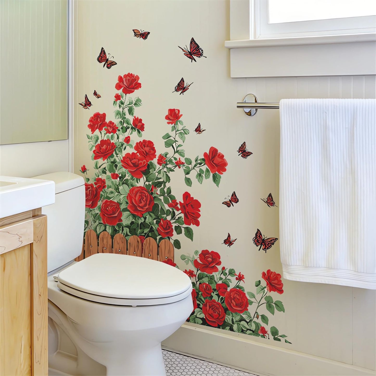 sacinora Red Rose Fence Butterfly Wall Stickers, Romantic Floral Border Aesthetic Countryside Wall Decals Removable Vinyl Peel and Stick Hallway Bedroom Bathroom Art Home Decor