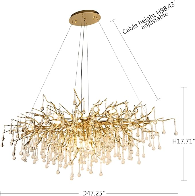 Modern Crystal Rectangular Chandelier for Dining Room, 47.24inch Gold Branch Lighting Raindrop Large Kitchen Island Hanging Light Fixture for High Ceiling Living Room Bedroom Foyer