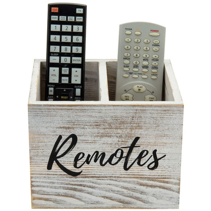 MyGift Remote Control Holder,TV Remote Holder,Wood Remote Caddy for Table,2 Large Compartment,Shabby Whitewashed Solid Wood with Black Cursive Remotes Label