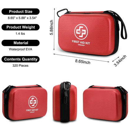 VRIEXSD Premium First Aid Kit, 320 Piece Waterproof Hard Shell Eva First Aid Kit for Home, Camping, Cars, Hiking, Travel, Businesses & Outdoor Emergencies - Emergency Medical Kits (Red)