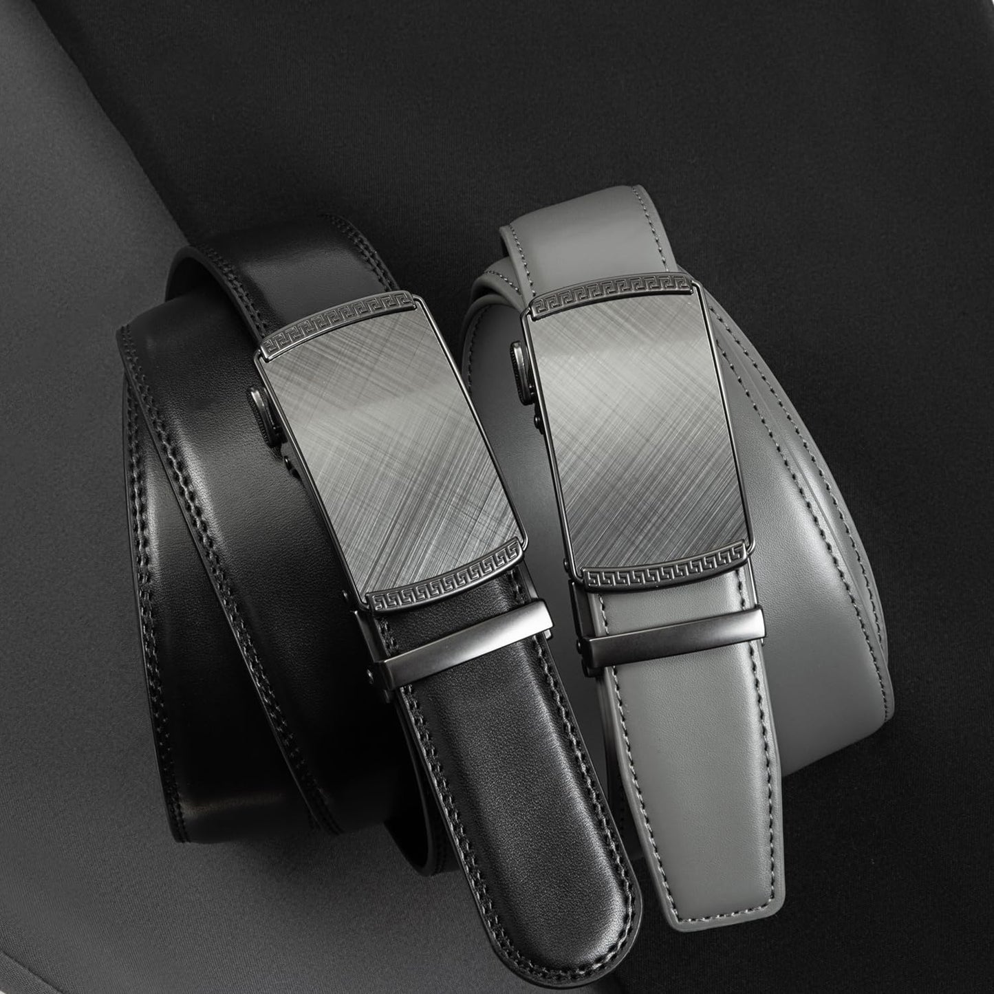 Founders & C Mens Belt 2 Pack,Leather Ratchet Click Belt Dress with Slide Buckle 1 3/8" in Gift Set Box- Size Adjustable (Black/Grey Golf Belt, 28"-42" Waist Adjustable)