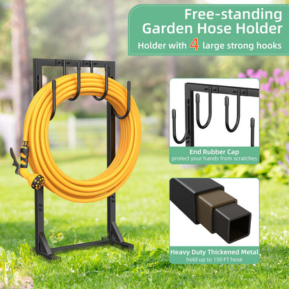 Yumatum Garden Hose Holder Reel, Upgraded Metal Hose Reels Holds 150ft Hose with 4 Large hooks, Heavy Duty Freestanding Water Hose Holders, Detachable Hose Storage Hanger for Outside