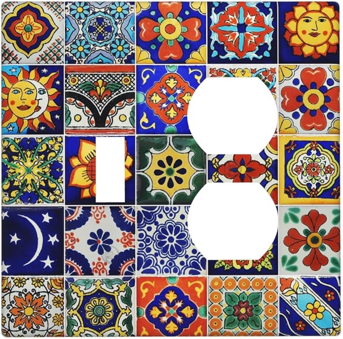 Decorative Light Switch Cover Plate Traditional Colorful Talavera Mexican Spanish Moroccan Tiles 2 Gang Outlet Covers 1 Toggle 1 Duplex Wall Plate Decorate Electrical Switch Plate Covers for Kitchen