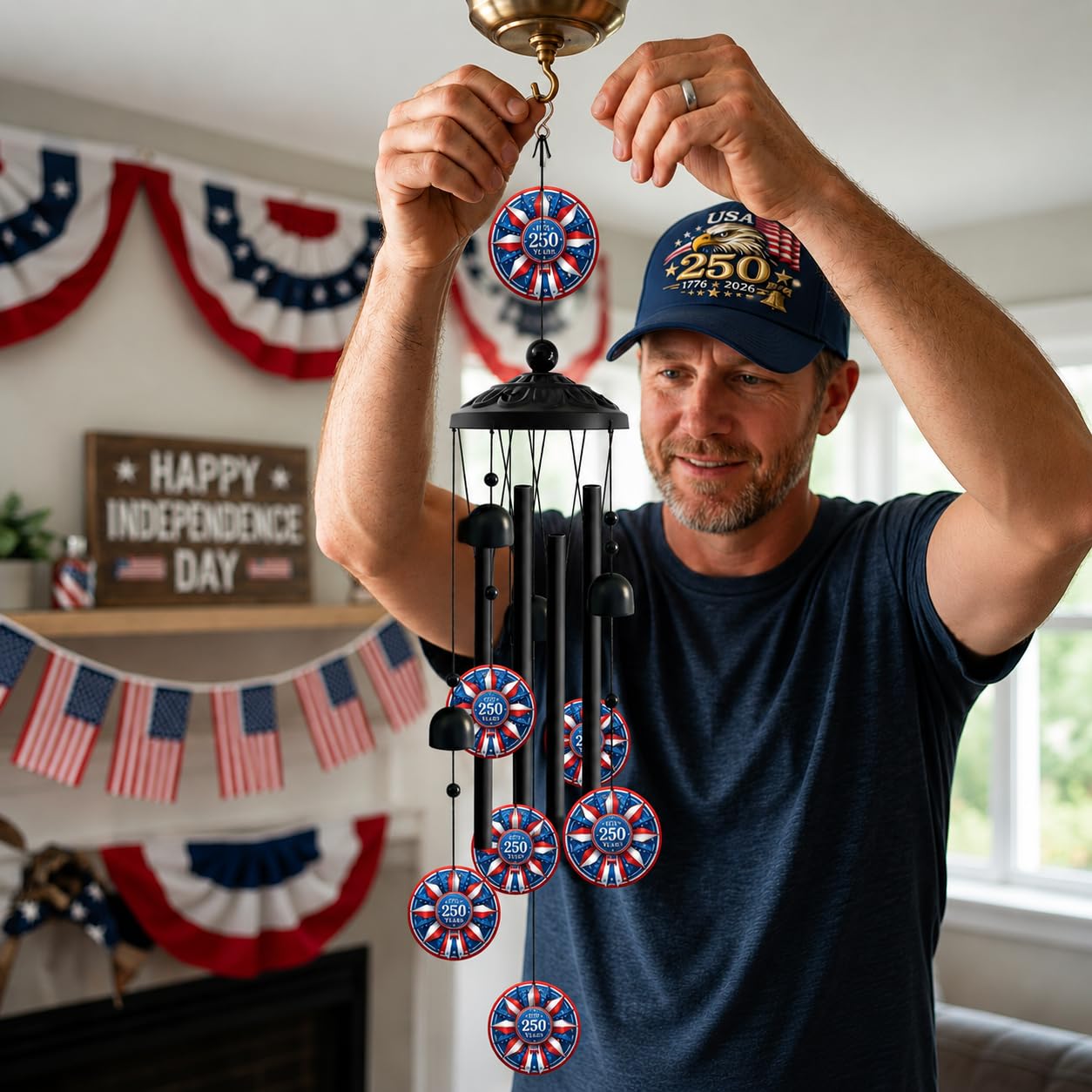 1776-2026 Patriotic Wind Chimes for Outside, Red White Blue American Flag Hanging Wind Chime with Stars and Bells, Outdoor Wind Chimes for Garden Decor, Porch Patio Yard Balcony Decor