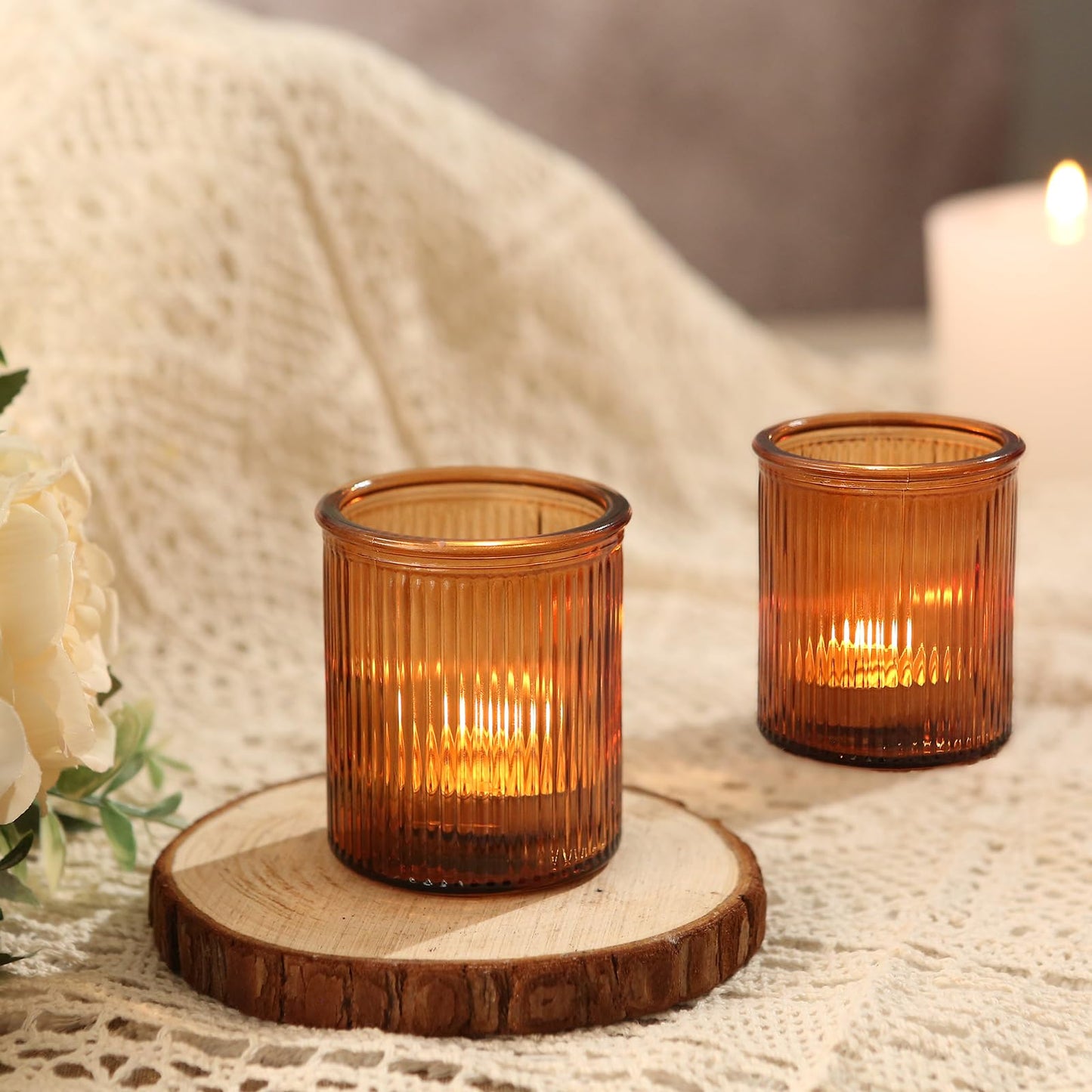 36pcs Amber Votive Candle Holders, Ribbed Glass Tea Light Candle Holder, Candle Votives for Wedding Centerpiece & Home Decor