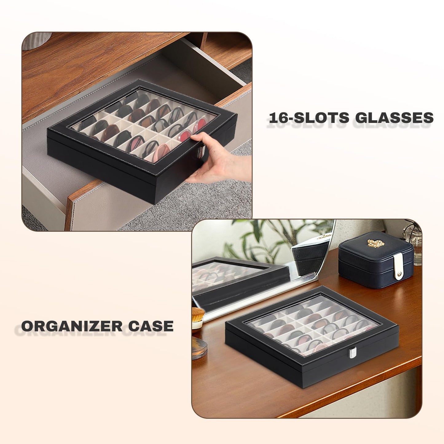 Huvon Sunglasses Organizer Case with Adjustable Slots, Eyeglasses Display with Lid, Eyewear Storage Box for Large Glasses