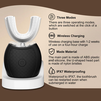 Magentak Ultrasonic U-Shaped Toothbrush for Teeth Whitening, Electric Toothbrush for Adults 360-degree Cleaning,3 Brush Heads, Wireless Charging and IPX7 Waterproof Kit for Travel or Home(Black)