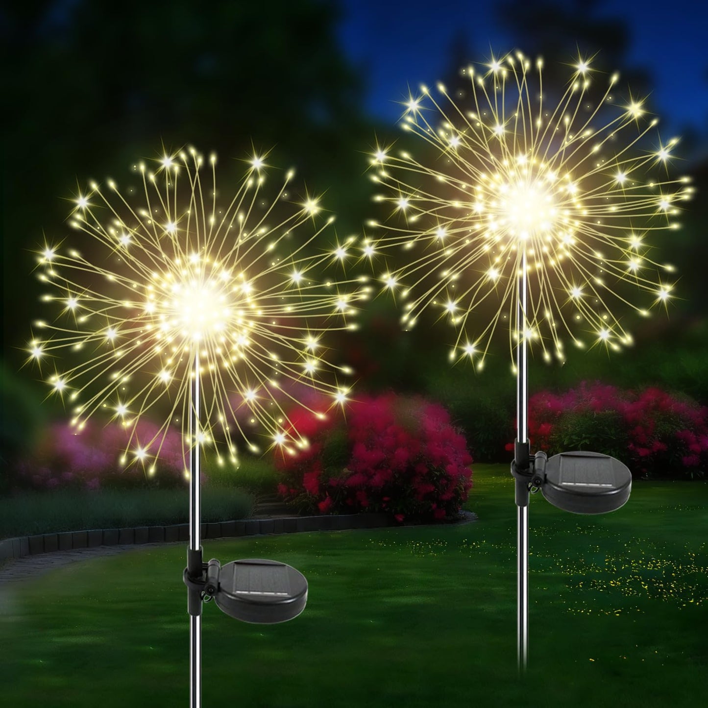 Soomit Solar Garden Lights Outdoor, 2 Pack 120 LED Twinkling Firework Lights Decorative with 2 Modes, Outdoor Waterproof Solar Starburst Light for Yard Pathway Planter Patio Decor, Warm White