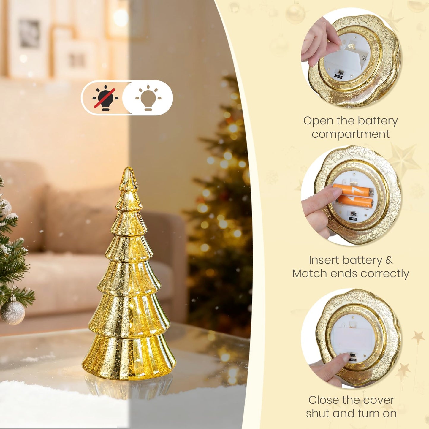Hewory Mercury Glass Christmas Tree: Set of 3 Gold Table Top Christmas Ornaments Trees with LED Lights, Christmas Centerpiece Table Decorations Indoor for Dining Fireplace Mantel Winter Holiday Decor