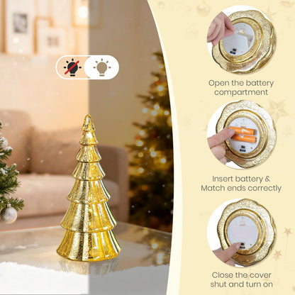 Hewory Mercury Glass Christmas Tree: Set of 3 Gold Table Top Christmas Ornaments Trees with LED Lights, Christmas Centerpiece Table Decorations Indoor for Dining Fireplace Mantel Winter Holiday Decor