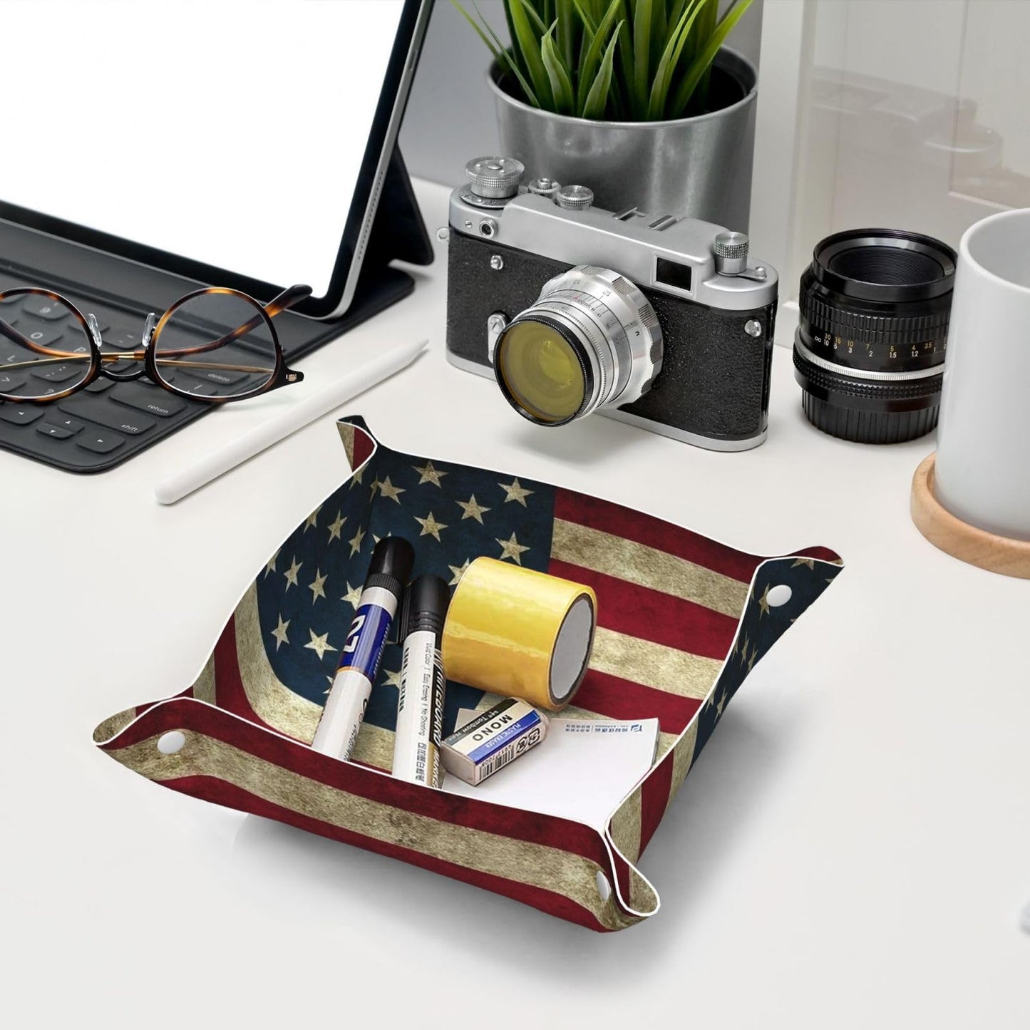 SGFJEWTQ Valet Tray Leather American Flag Patriotic USA Pattern Portable Catchall Tray Desktop Storage Organizer Bedside for Men Women Jewelry Keys Coin Candy Sundries Medium
