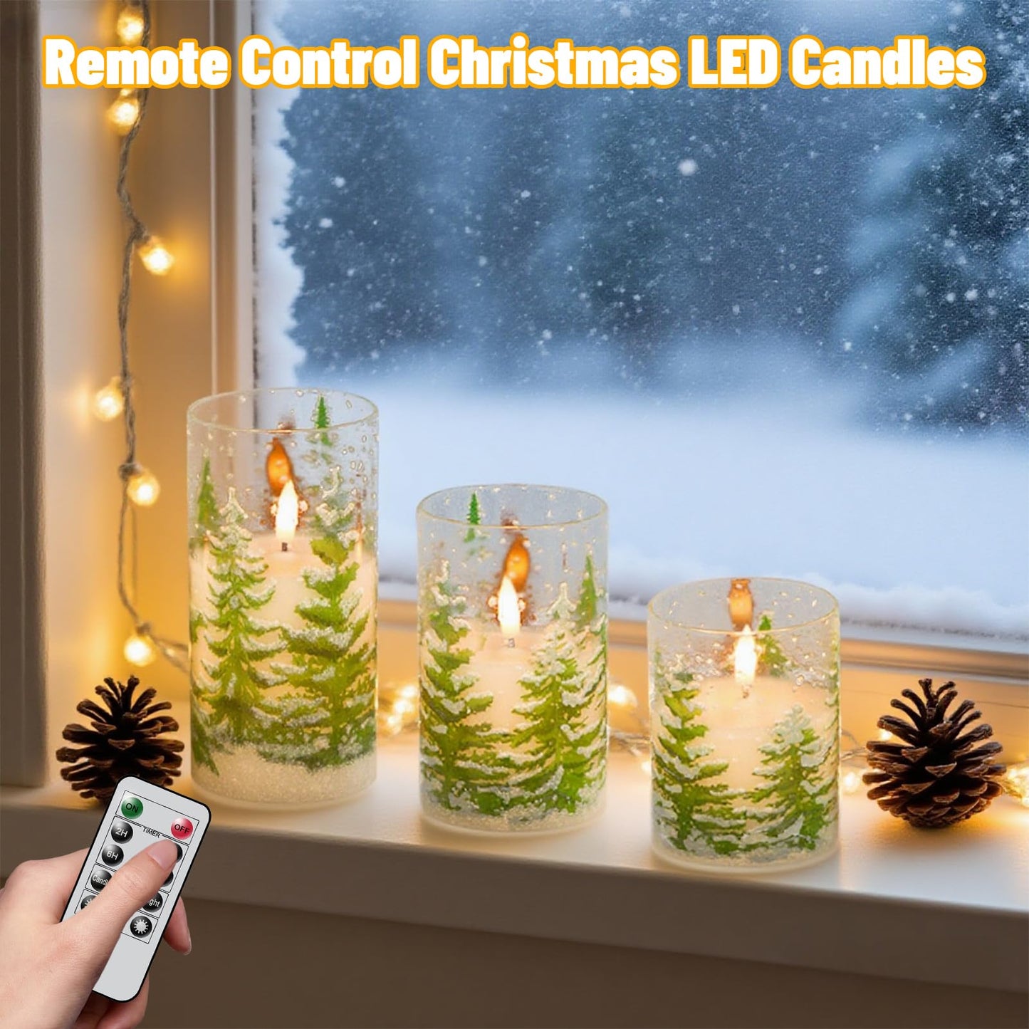 Wondise Rechargeable Christmas Glass Flameless Candles with Remote Timer, Battery Operated LED Real Wax 3D Wick Candles with Charging Base, Set of 3 Christmas Home Decoration Gifts(3 x 4 5 6 Inch)