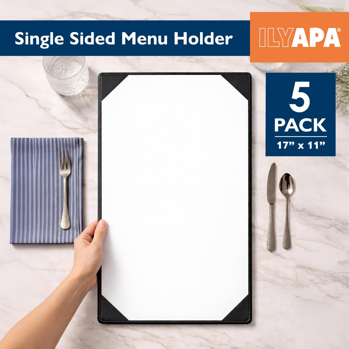 Ilyapa 5 Pack Restaurant Menu Covers 11 x 17 - Vinyl Leather Menu Holder, Single Sided Book with Corner Sleeves for Display of Wedding Menus, Weekly Kitchen Specials & Bar Drinks for Table Top