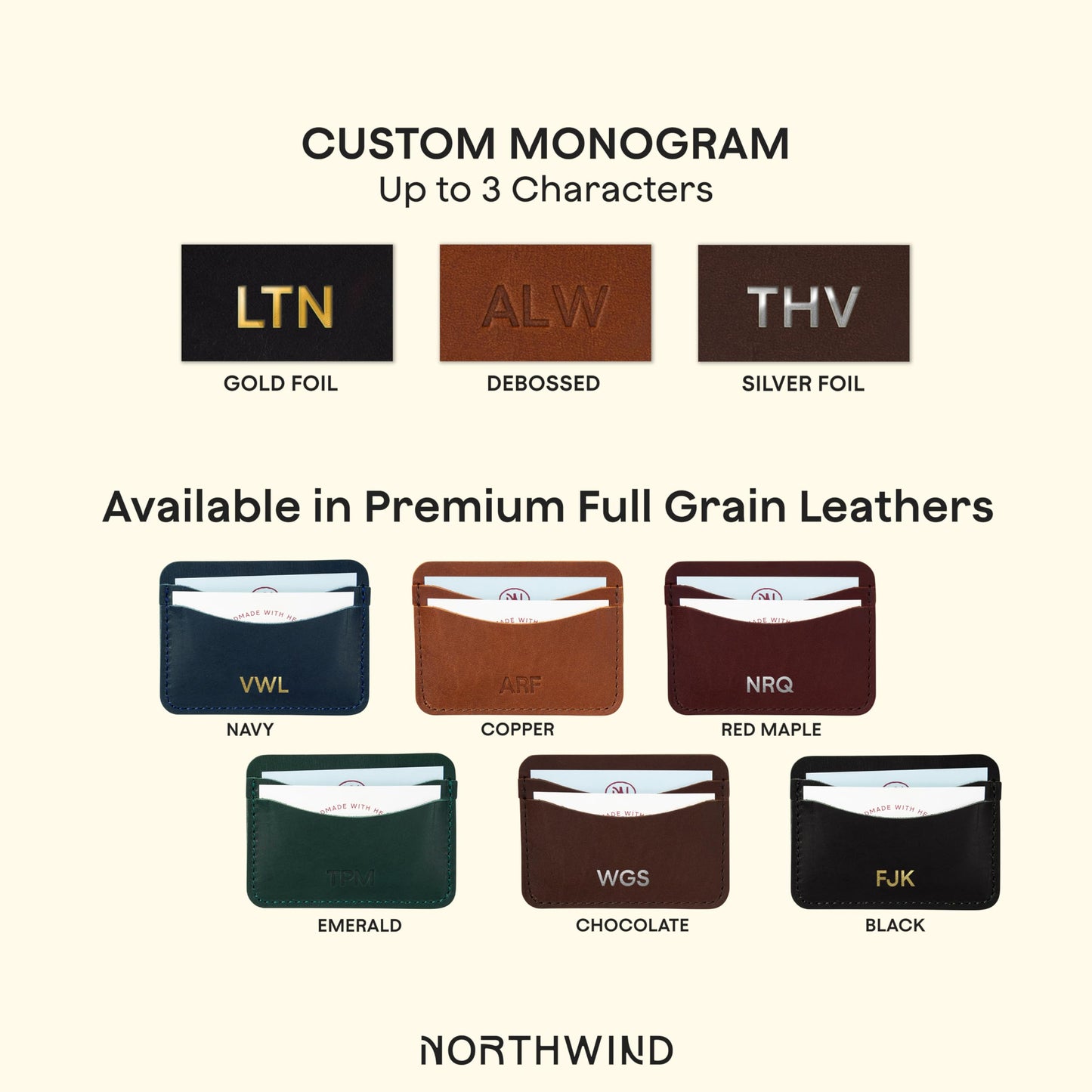 Northwind Personalized Leather Credit Card Holder Made in USA - Custom Monogrammed Full-Grain Leather Wallet Thin Minimalist Front Pocket Card Wallet for Men & Women with 4 Slots