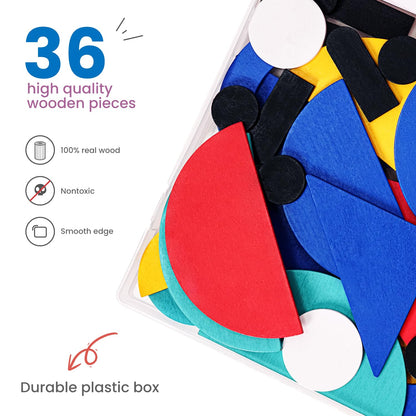 LiKee Open Ended Wooden Shape Puzzles (36 Blocks&60 Cards) for Toddlers 3+ Years Old, Montessori Development Toys Preschool Education Activity Travel Toy Board Games for Kids 4-8 Yrs