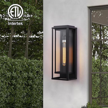 Cerdeco 18” Modern Outdoor Wall Sconce with Rectangular Metal Frame and Transparent Glass Shade,Black Outdoor Lighting for Garage Porch Patio Pack of 2(ETL Listed)