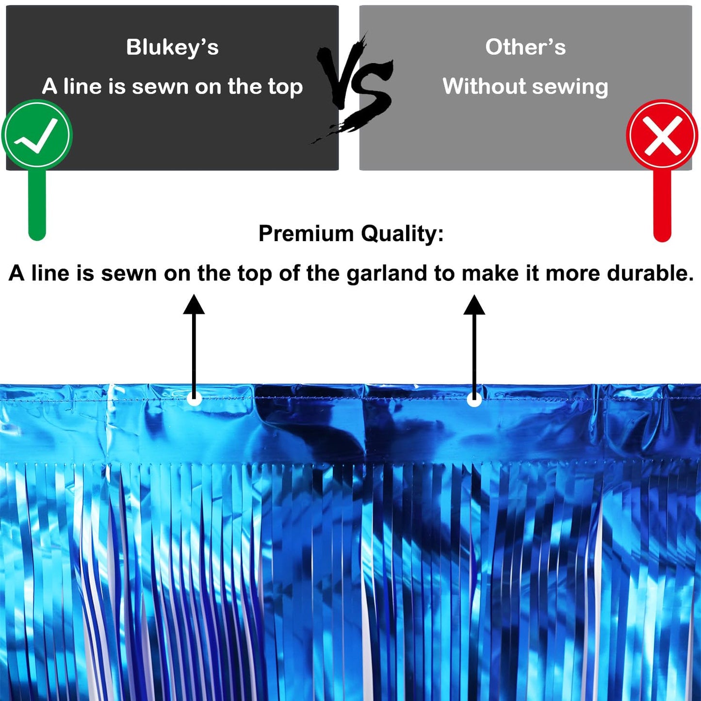 Blukey Thick 10 Feet by 15 Inch Royal Blue Foil Fringe Garland - Pack of 3 | Shiny Metallic Tinsel Banner for Parade Floats, Bridal Shower, Wedding, Birthday, Christmas | Wall Hanging Drapes (3)