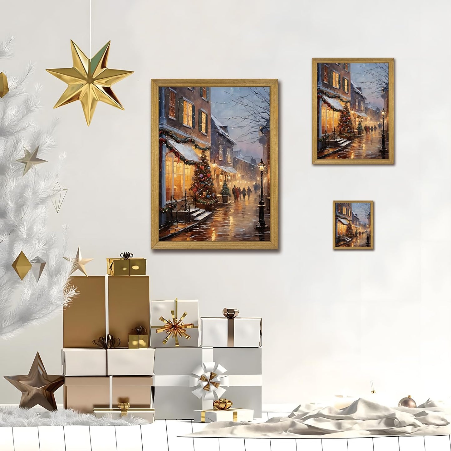 Vintage Christmas Wall Art, Christmas Tree Farm Scene with Red Barn, Rustic Winter Snow Street Canvas Print, Framed Holiday Oil Painting for Living Room Bedroom 12x16 Inch
