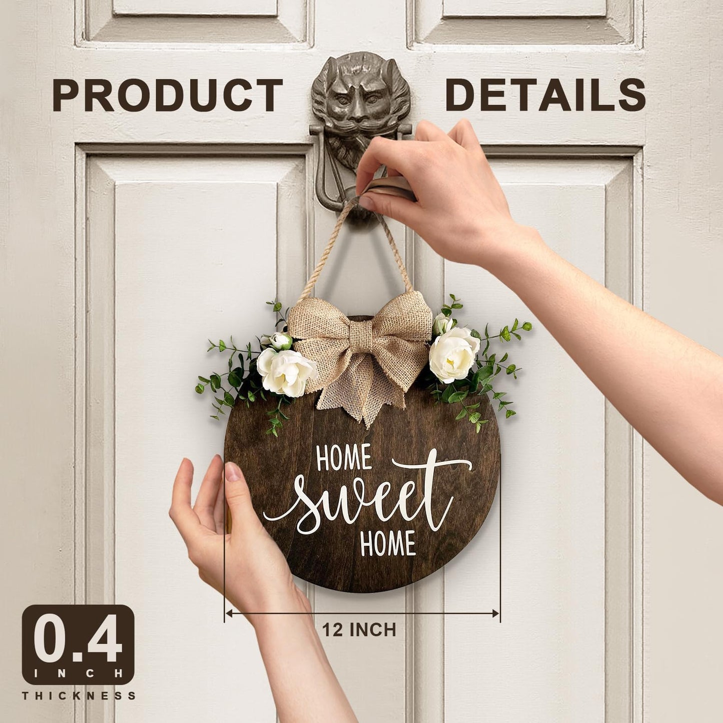 Home Sweet Home Farmhouse Welcome Sign, Round Wood Hanging Door Decor with Ribbon Bow and Faux Greenery, Rustic Porch Wreath for Thanksgiving, Christmas, Brown Front Door Hanger