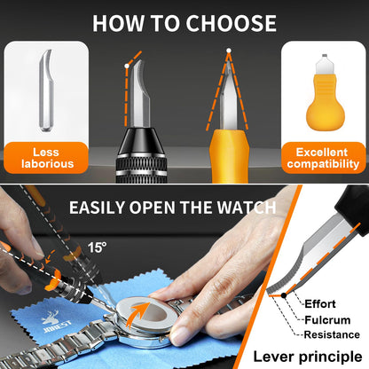 【2024 New】JOREST Watch Repair Tool Kit, Battery Replacement & Strap Adjustment, Wrench Opening Back Cover, Case Opener, Link Remover, Bracelet Resizing, Band Pin Removal, Screwdriver, Spring Bar