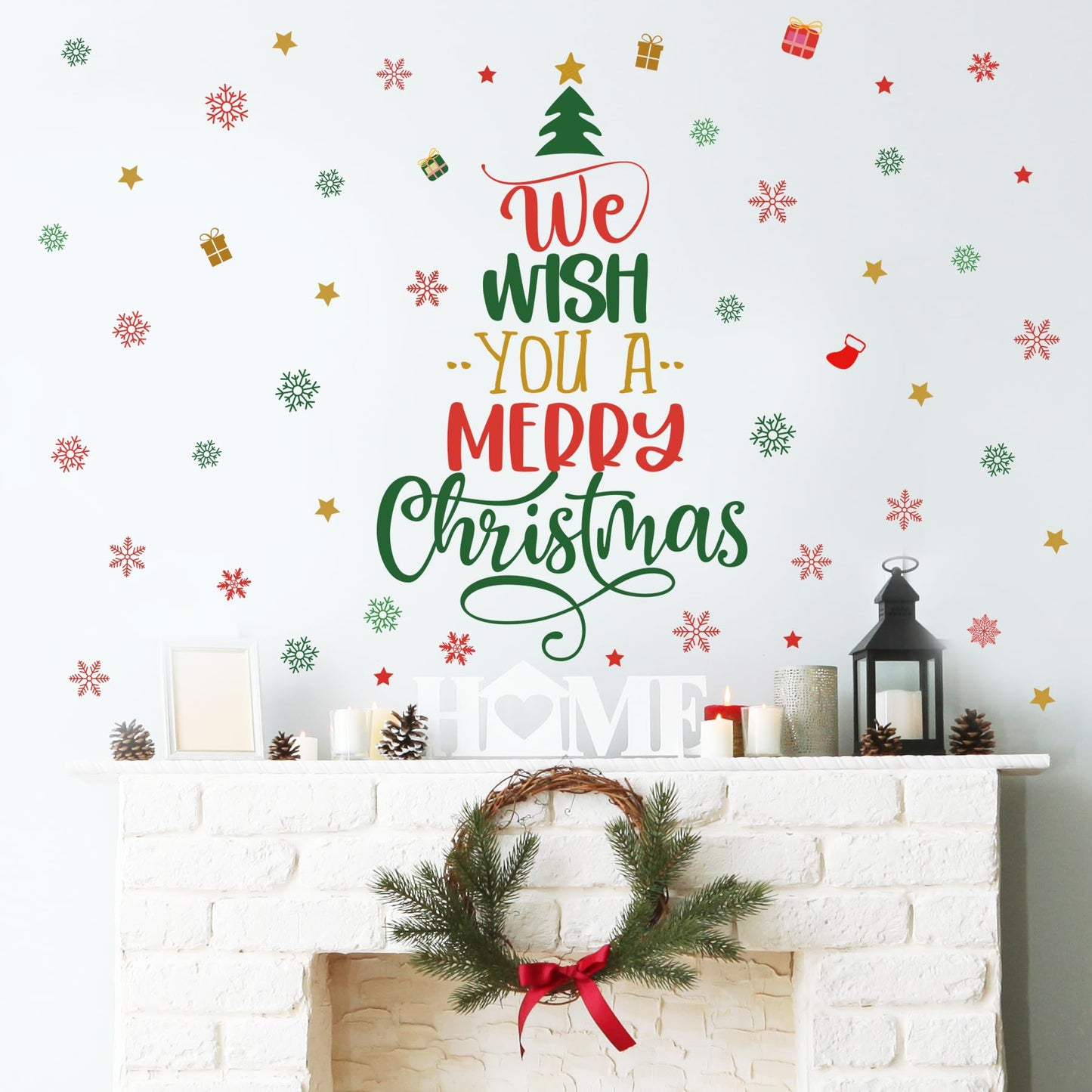 Christmas Tree Wall Decals Merry Christmas Quotes Wall Stickers Xmas Tree Snowflake Wallpaper Christmas Decorations Peel and Stick Removable Vinyl Wall Art for Bedroom