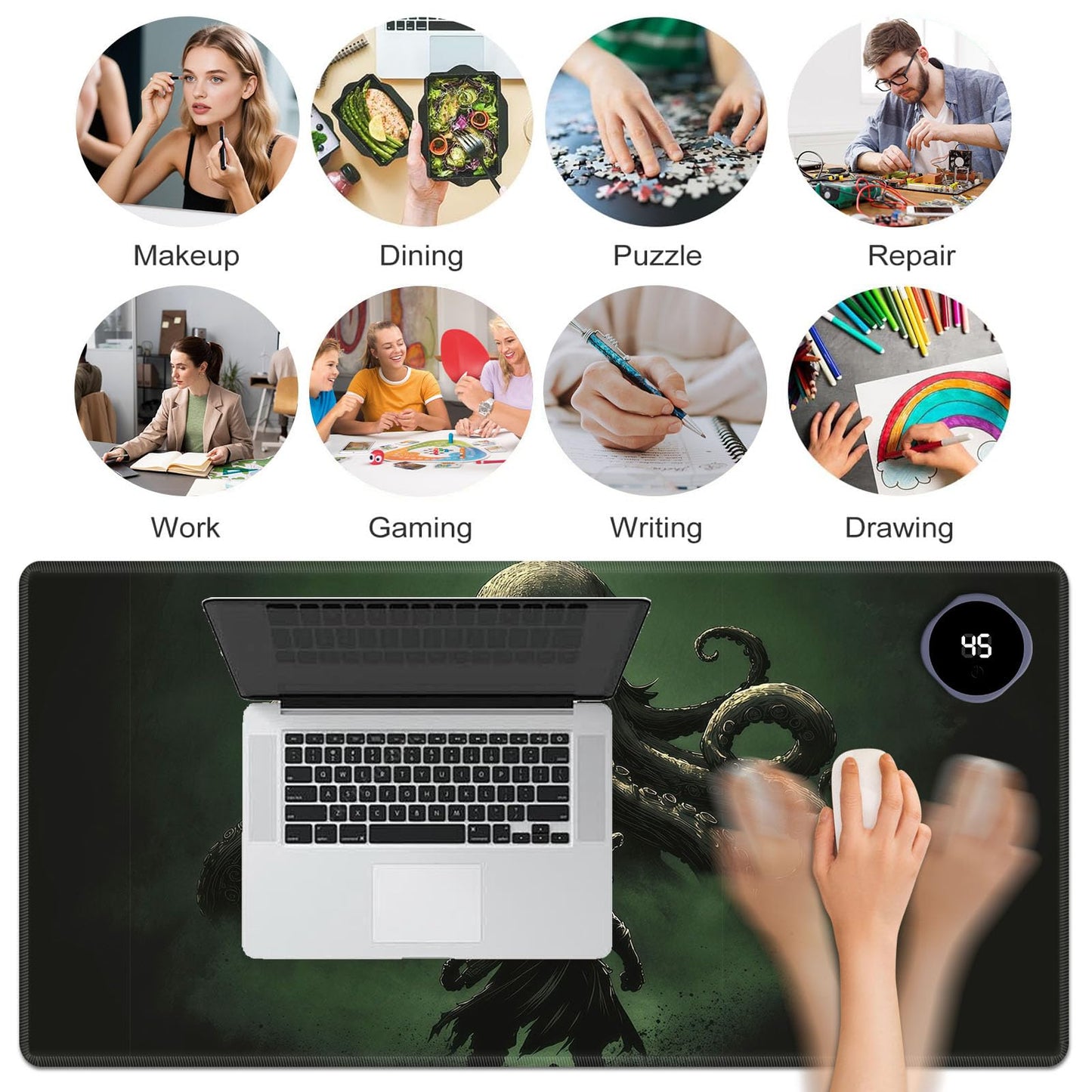FKIUBWRY Heated Desk Pad Heated Mouse Pad - 31.5x13 Inch,3-Level Temp (104℉-122℉) 3-Hour Auto Shut-Off,Leather Waterproof Heated Desk Mat Hand Warmer for Home Office Gaming,Octopus Warrior Green