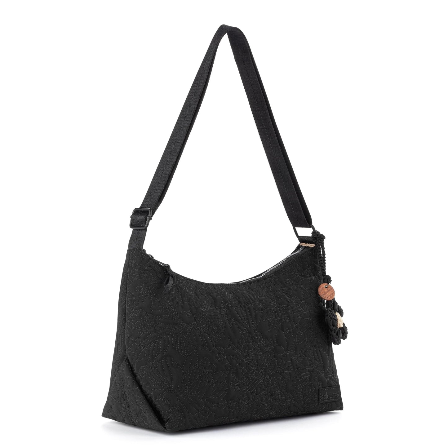 Sakroots Banyan Hobo – Shoulder bag with Zipper Closure, Back Zipper Pocket, detachable key dangle. Lightweight Travel, Work, or Everyday Hobo for Women - Black Flower Blossom Quilt