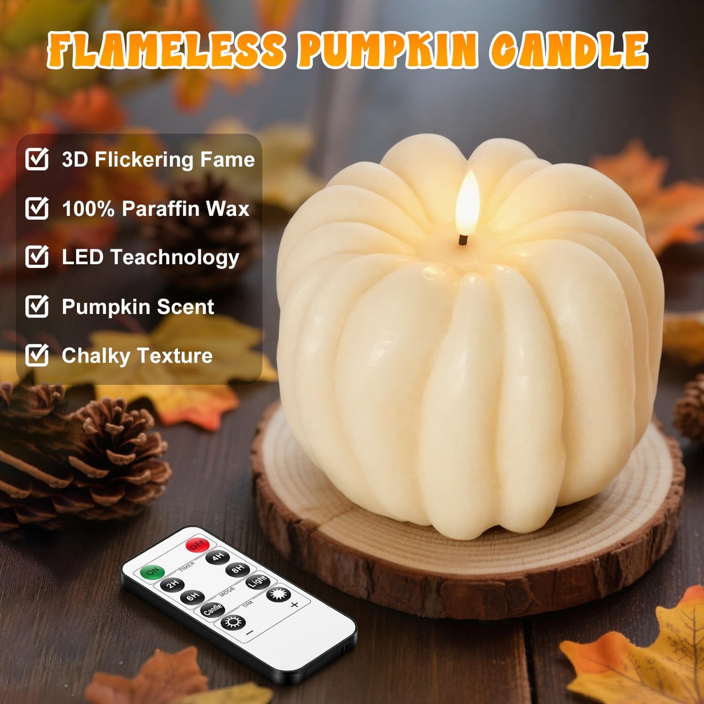 Flameless Pumpkin Candles with Timer - Fall Home Decor Indoor, LED Light Up Pumpkins for Mantel Table | Flameless Candle Thanksgiving Fall Decoration, Autumn Farmhouse Rustic Harvest Decor (White)