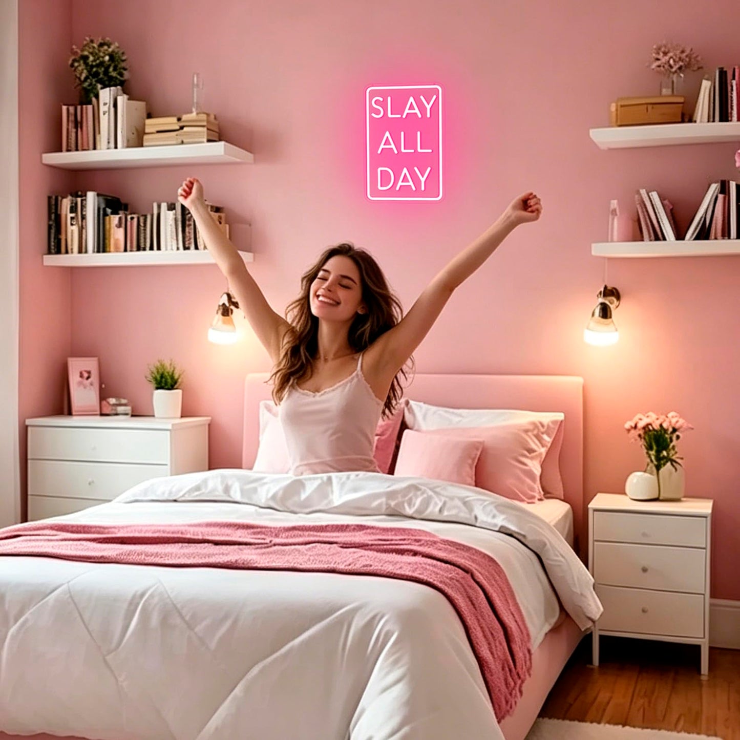 Slay All Day Neon Sign Dimmable Neon Signs for Wall Decor Pink LED Signs USB Light Up Sign Room Decor for Teen Girl Preppy Bedroom Living Room Y2K Coquette Cool Downtown Teenage Girl Room Decoration
