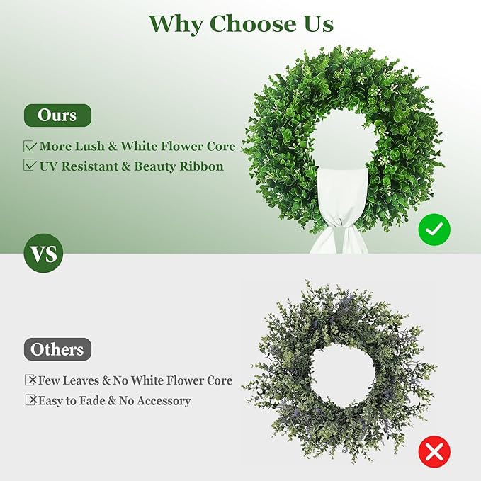 Boxwood Wreaths for Front Door 18-20'', UV Resistant Leaves with White Flower Core, Artificial Green Wreath with a Sash for Farmhouse Wedding Outdoor Indoor Hanging Decor All Seasons