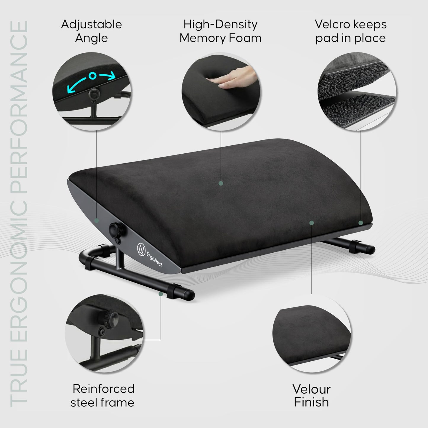 Under Desk Foot Rest – Adjustable Ergonomic Foot Rest with Steel Frame & Memory Foam Cushion, Soft Velour Finish for Superior Comfort, Designed to Improve Posture & Relieve Leg Pressure | ErgoNest™
