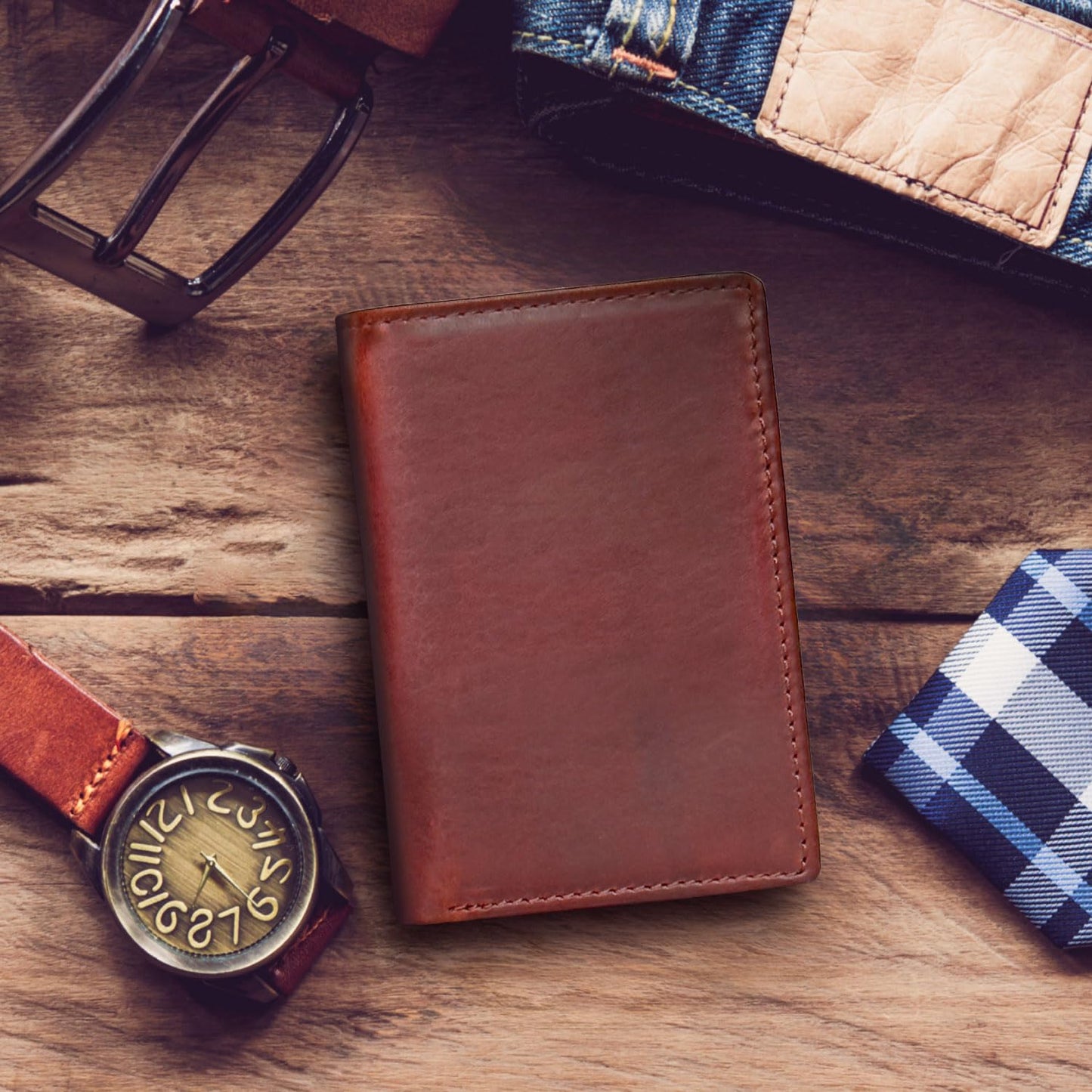 MID WEST RANGE Classic Trifold Wallet for Men, RFID Blocking, Double Bill Compartment, Full Grain Cowhide Leather Wallet, Vintage Brown