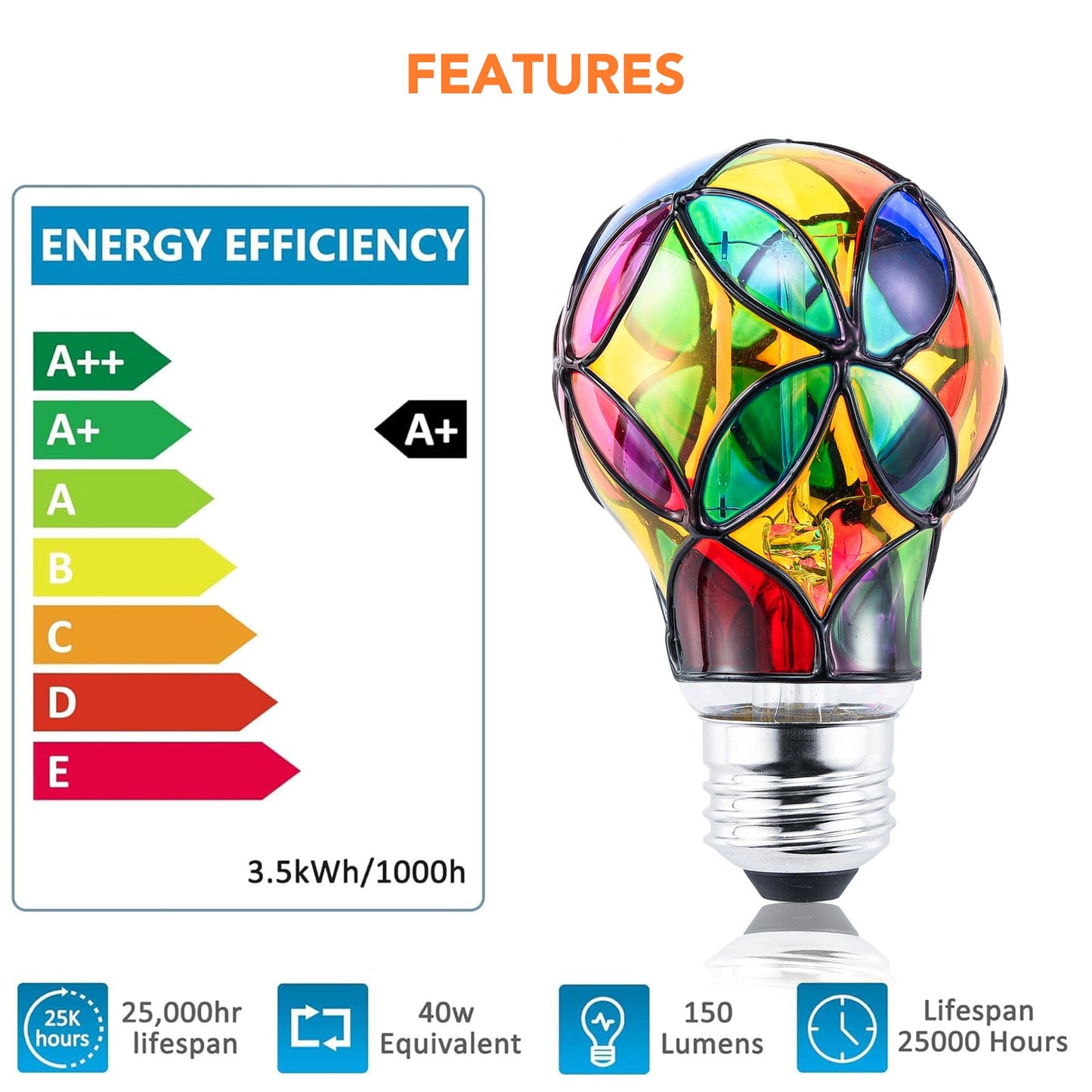 Kitmose 4 Pack Stained Glass Light Bulbs, LED Edison Light Bulb E26 3.5W Replacement Light Bulbs Tiffany Style for Bedroom Living Room Home Christmas Decoration