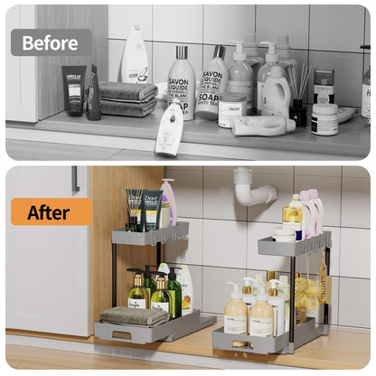 Delamu 2 Pack Under Sink Organizers and Storage, 2 Tier Pull Out Bathroom Cabinet Organizer, L-Shape Black Under Bathroom Kitchen Sink Organizer with Drawer for Under Sink Storage Organizer