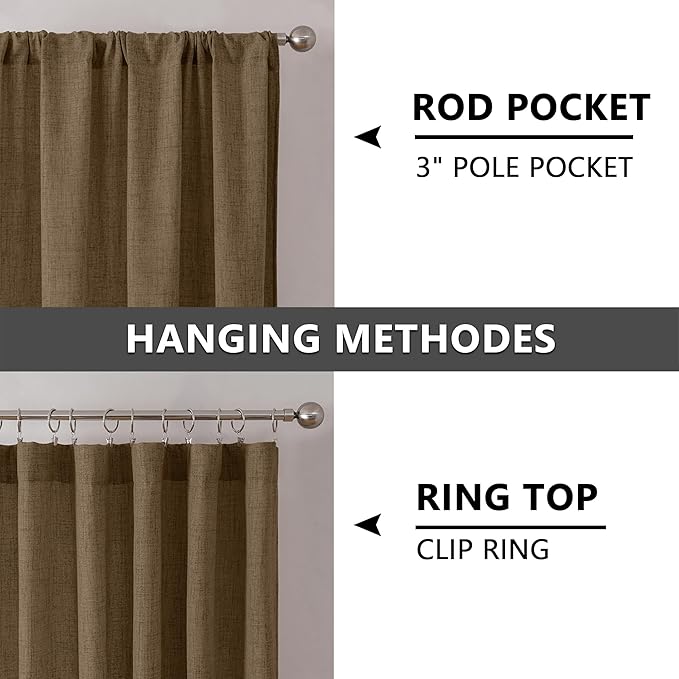 Tollpiz Linen Curtain Living Room Rod Pocket Semi Sheer Curtains Burlap Light Filtering Thick Linen Drape for Bedroom, 54 x 72 inches Long, Brown, Set of 2 Panels