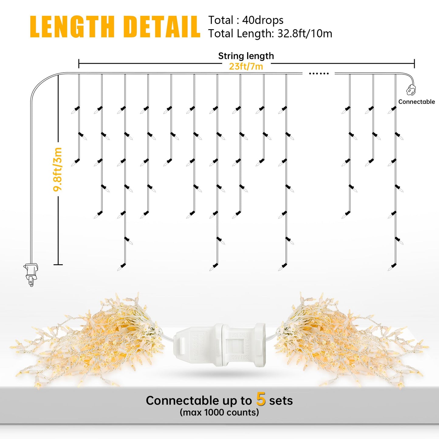 YOUNGAR Icicle Lights Outdoor, 23FT 200 Connectable Icicle Christmas Lights,Warm White Plug in Curtain String Lights for Indoor Wedding Party Holiday Xmas Yard Patio Window Decoration