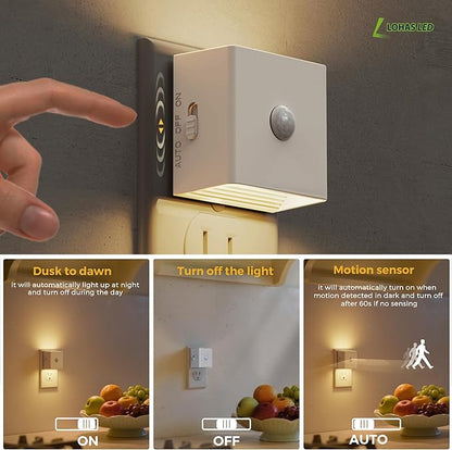 L LOHAS LED Night Light,Plug in Night Light with Motion Sensor and Dusk to Dawn Sensor,[2-PACK] Brightness Adjustable,3000K Soft White, Nightlight for Bathroom Hallway Kitchen