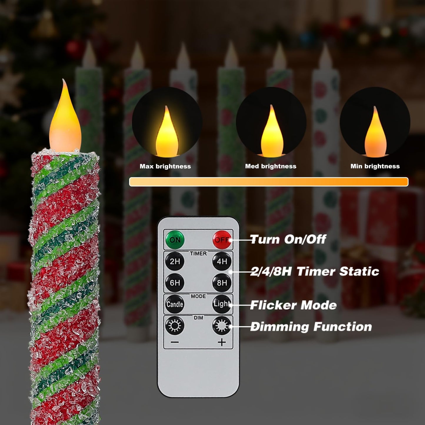 Christmas Elf Flameless Taper Candles - 6PCS Glitter Christmas Green Elf Theme Flickering LED Battery Operated Sea Salt Candles with Remote, Real Wax Party Decoration Candlesticks, Xmas Table Decor