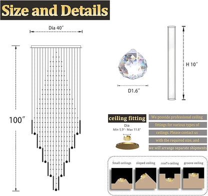 D40''X H100'' Extra Large Chandeliers for High Ceilings Crystal Raindrop Gold Chandeliers Large Villa Chandelier Entrance Foyer Square Ceiling Light LED Dimmable 2700K-6000K 16 led bulbs include