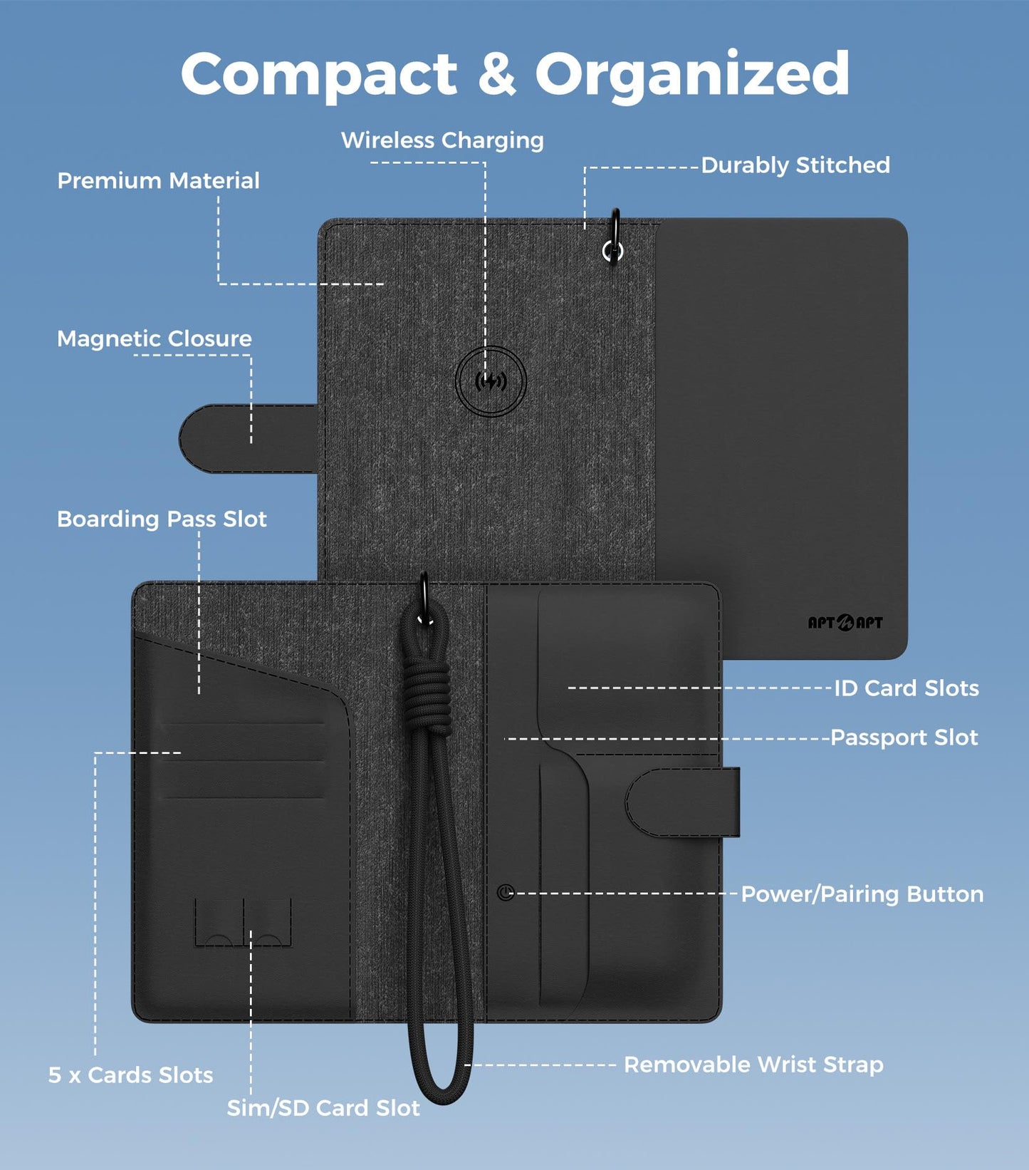 APTMAPT Smart Passport Holder Works with Apple Find My, Leather Travel Wallet with Wrist Strap & 2 SIM Card Slots, RFID Blocking Organizer for Passport/Cards/Tickets, Wireless Charging, Black