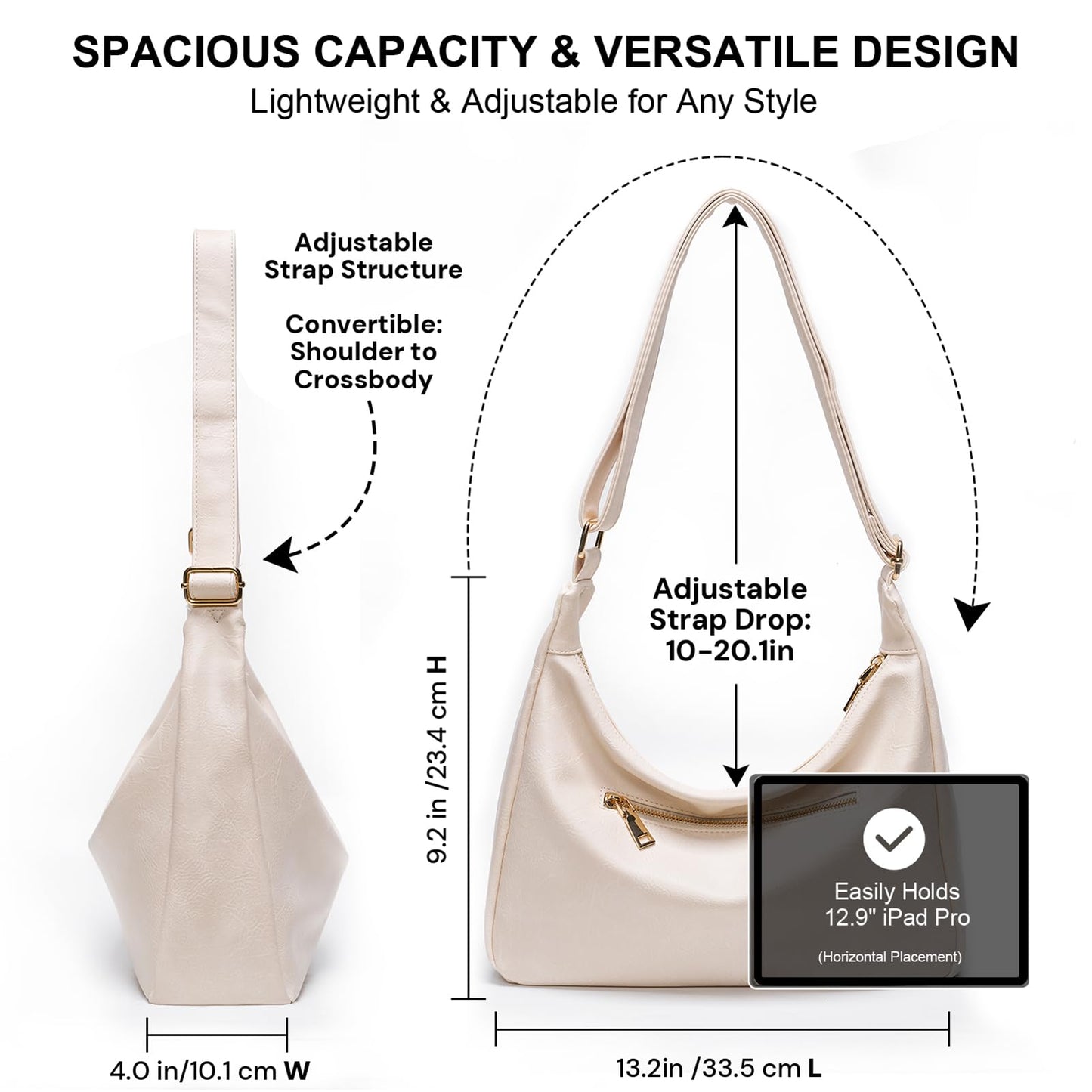 YDF Purses for Women Slouchy Shoulder Bag Hobo Bag Soft Vegan Leather Adjustable Wide Strap Crossbody Tote Multi Pocket Handbags (Beige)