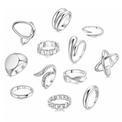 FAXHION 12PCS Gold Stackable Rings Set for Women, 18K Gold Plated Open Stacking Knuckle Ring, Adjustable Chunky Signet Band Statement Ring for Gift